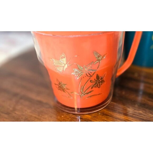 Vintage retro Plastic Teal Orange Mugs Set With Leaf, Butterfly Design, Retro - Picture 5 of 10